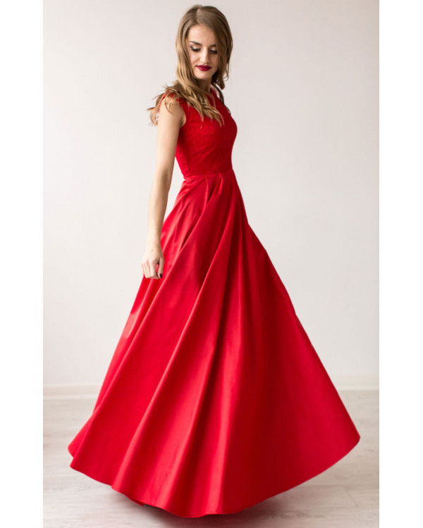 Червоне довге атласне плаття з пишною спідницею на випускний 1016 червоний