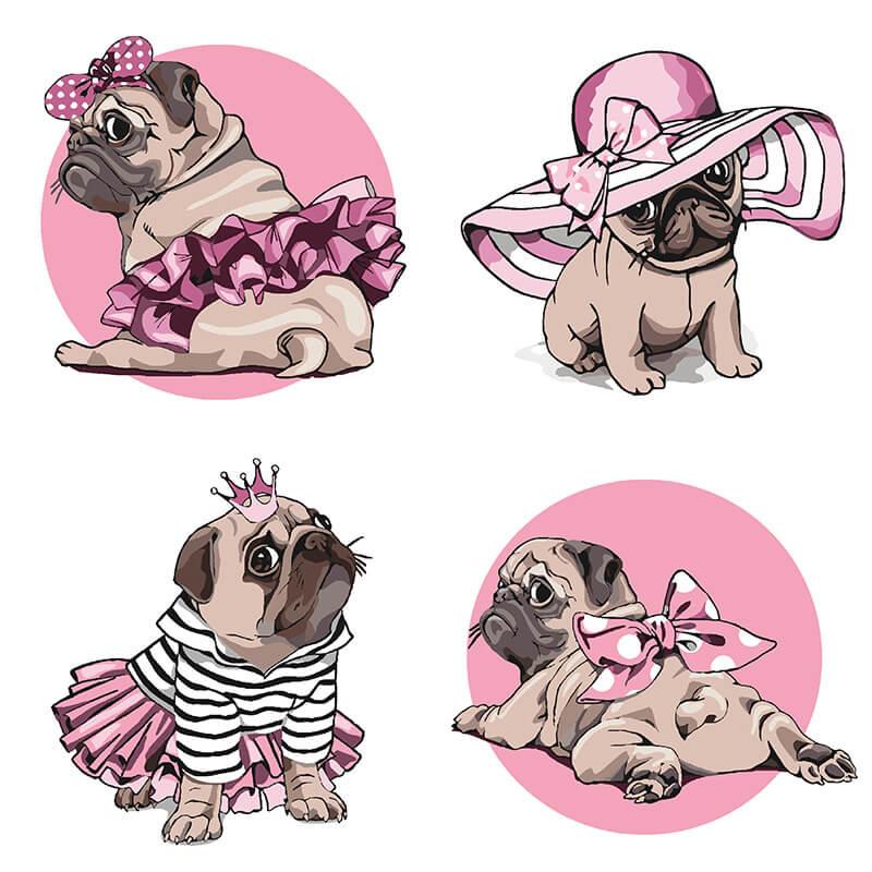 Живопис за номерами Квартет Мопсики (рожевий) KNP006 Ідейка 4 по 18 х 18 см, фото 1