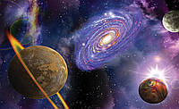 Флізелінові 3д фото шпалери в інтер'єрі космос у дитячу кімнату 312x219 см Три планети галактика та зірки (309VEXXL)+клей