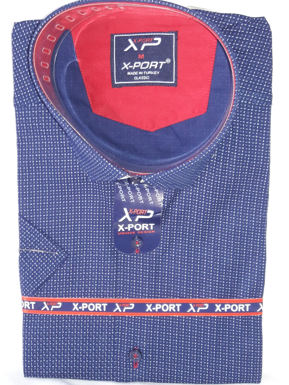 Сорочка чоловіча з коротким рукавом vk-0001 X-Port синя класична з принтом стрейч-котон