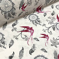 Хлопковая ткань польская, "ловцы снов" с амулетами и бордовыми птицами (0298)