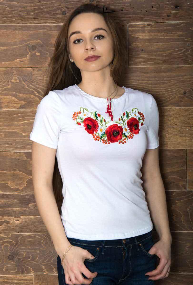 Вишита Футболка Маковій цвіт біла
