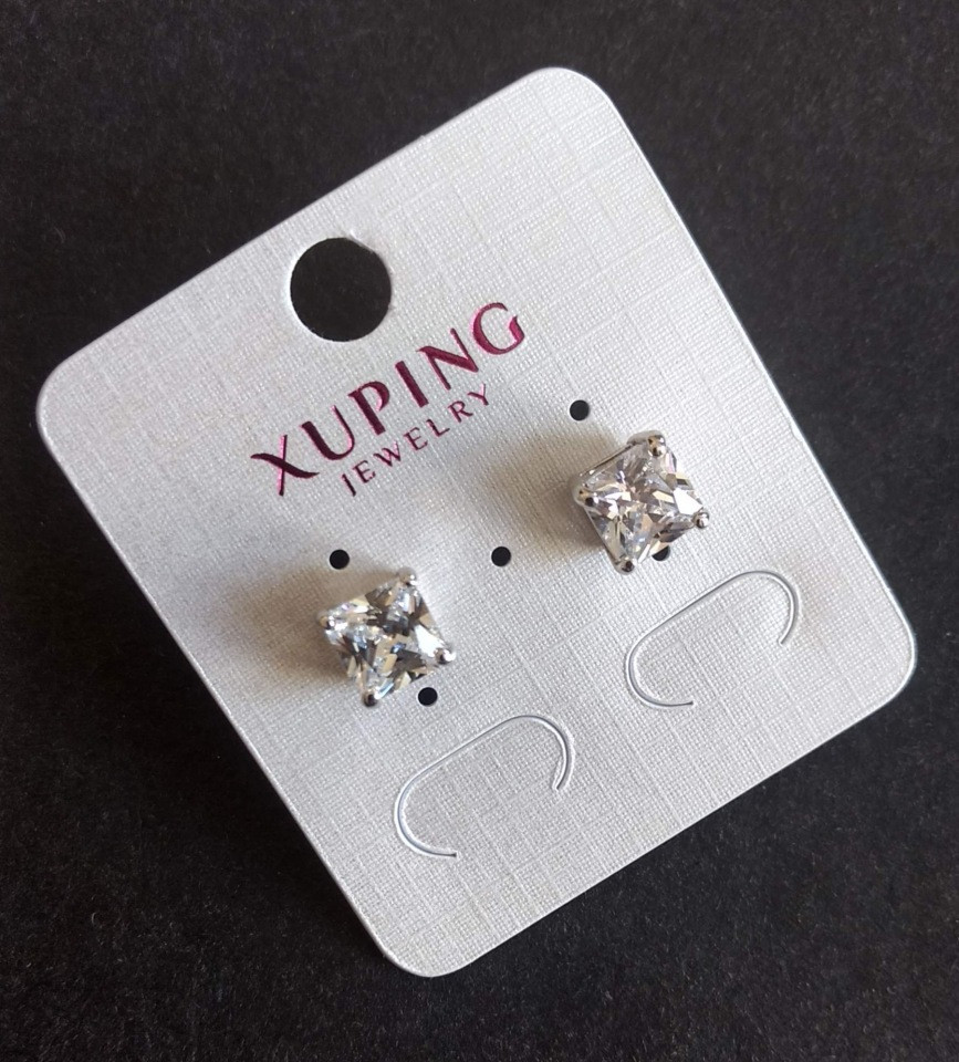 Сережки пусети Xuping з білими каменями оправа Квадрат 8мм родій