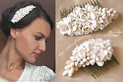 Весільний гребінь для волосся з квітами з полімерної глини. "Позадушні й айворі"