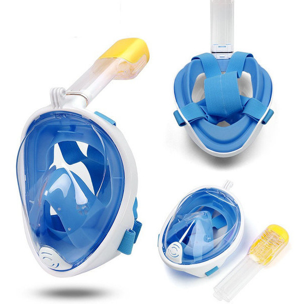 Повнолицева панорамна маска для плавання UTM FREE BREATH (L/XL) Блакитна з кріпленням для камери
