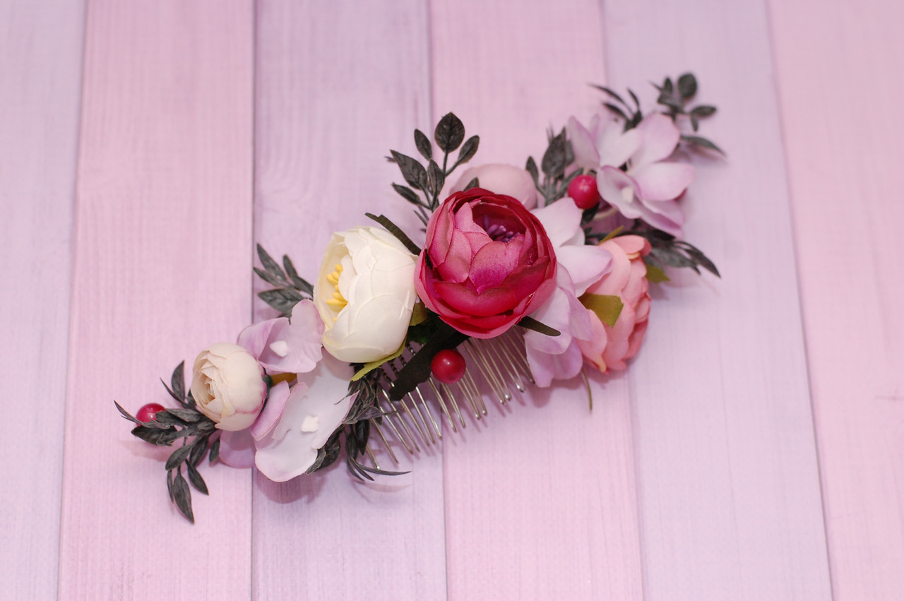 Гребінь для волосся з півоніями та зеленню рожево-білий 147 Об, фото 1