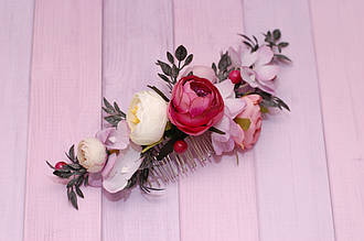 Гребінь для волосся з півоніями та зеленню рожево-білий 147 Об