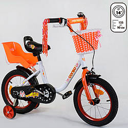 Двоколісний дитячий велосипед БІЛИЙ, ручне гальмо, кошик, сидіння для ляльки Corso 14" дітям 4-5 років