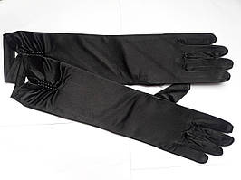 Рукавички жіночі атласні подовжені, 37 см. Чорні з перлинками