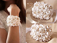 Весільний браслет для нареченої або свідка з квітами ручної роботи "Повітряний айворі".