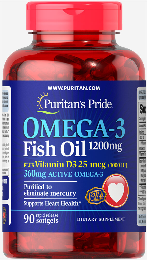 Puritan's Pride Omega 3 Fish Oil, Риб'ячий Жир, 1200 mg plus Vitamin D3 1000 IU (90 капс.)