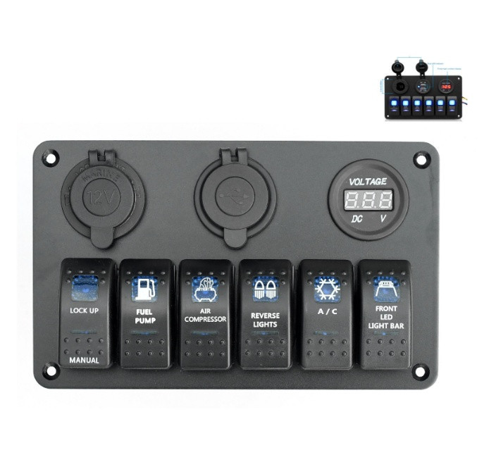 Панель перемикання на 6 кнопок з вольметром USB і прикурювачем, фото 1