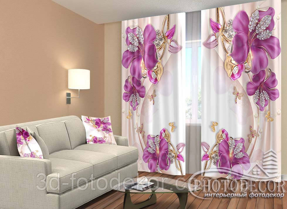 Фото Штори "3D бузкові квіти зі стразами" 2,5м*2,9м (2 полотна по 1,45м), тасьма