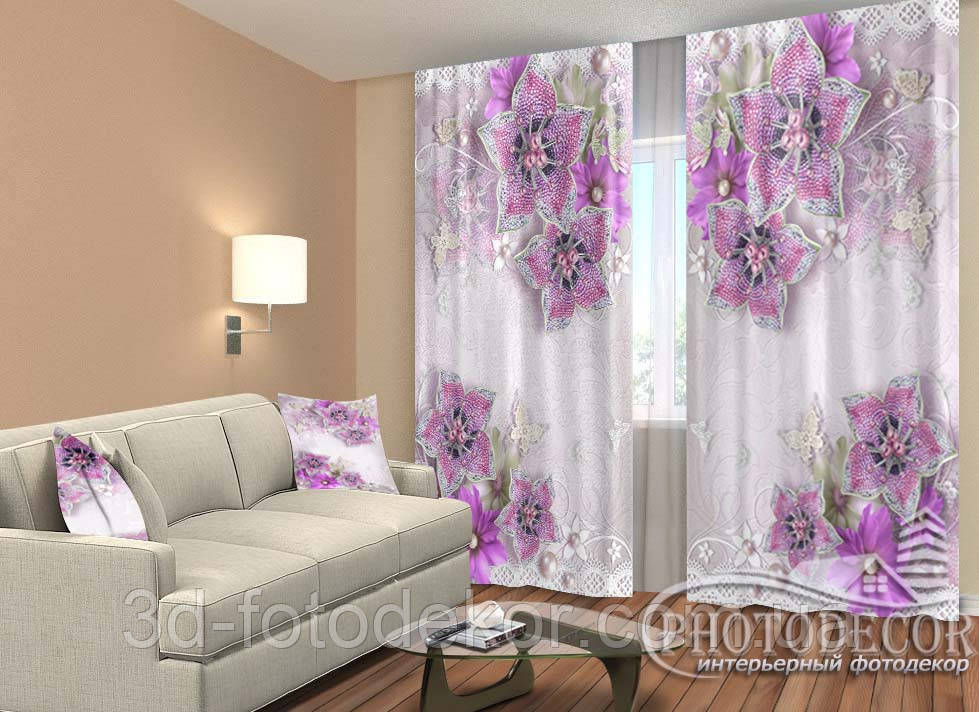 Фото Штори "3D бузкові квіти 1" 2,5м*2,6м (2 полотна по 1,30м), тасьма