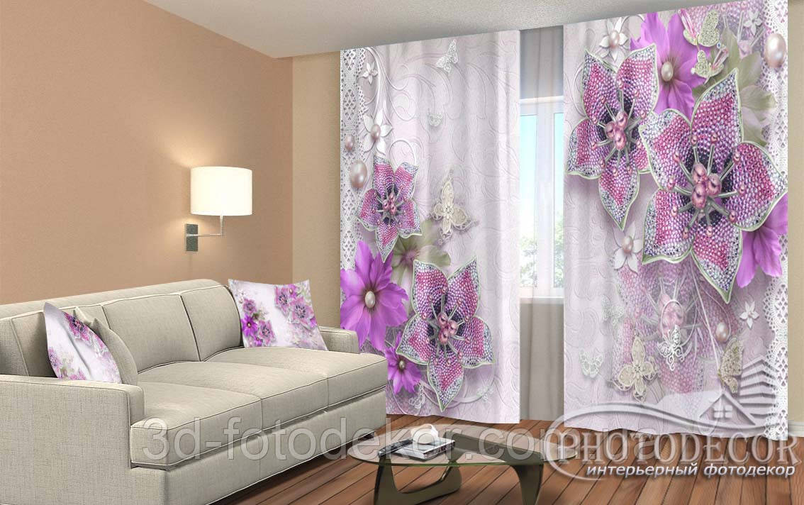 Фото Штори "3D бузкові квіти 2" 2,5м*2,9м (2 полотна по 1,45м), тасьма, фото 1