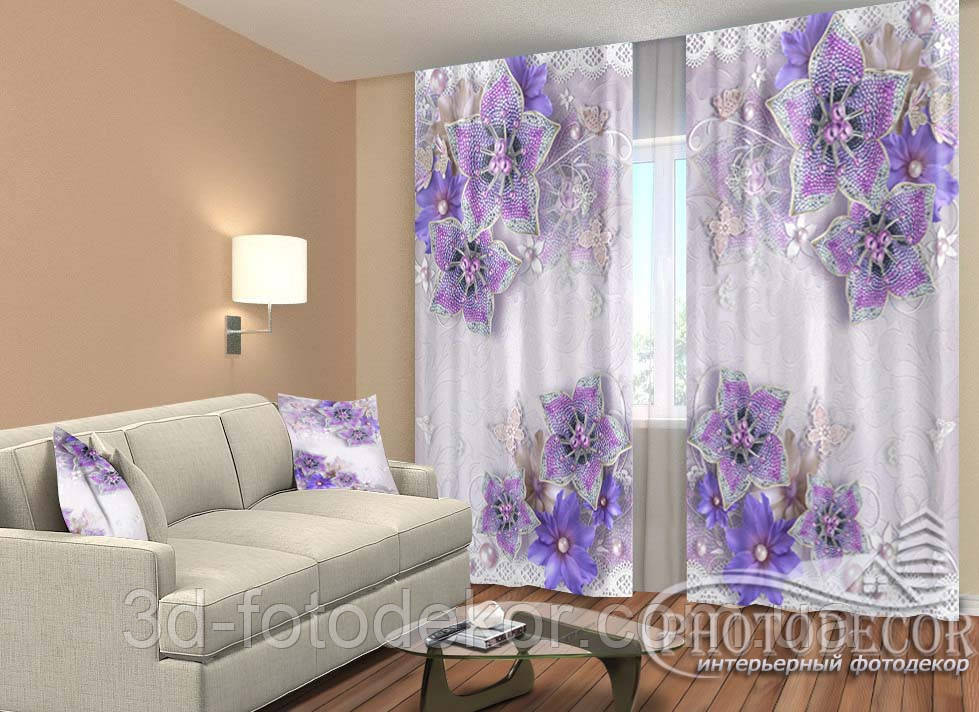 Фото Штори "3D фіолетові квіти 1" 2,5м*2,6м (2 полотна по 1,30м), тасьма