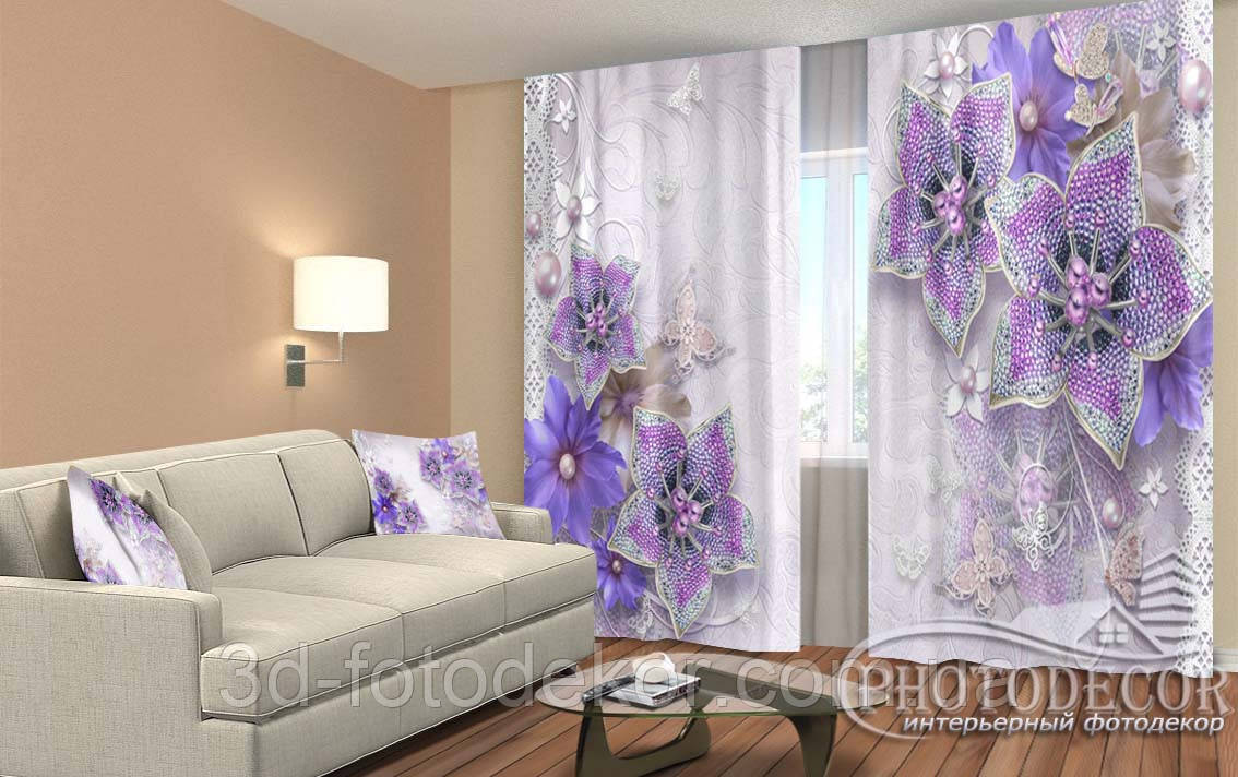 Фото Штори "3D фіолетові квіти 2" 2,5м*2,6м (2 полотна по 1,30м), тасьма