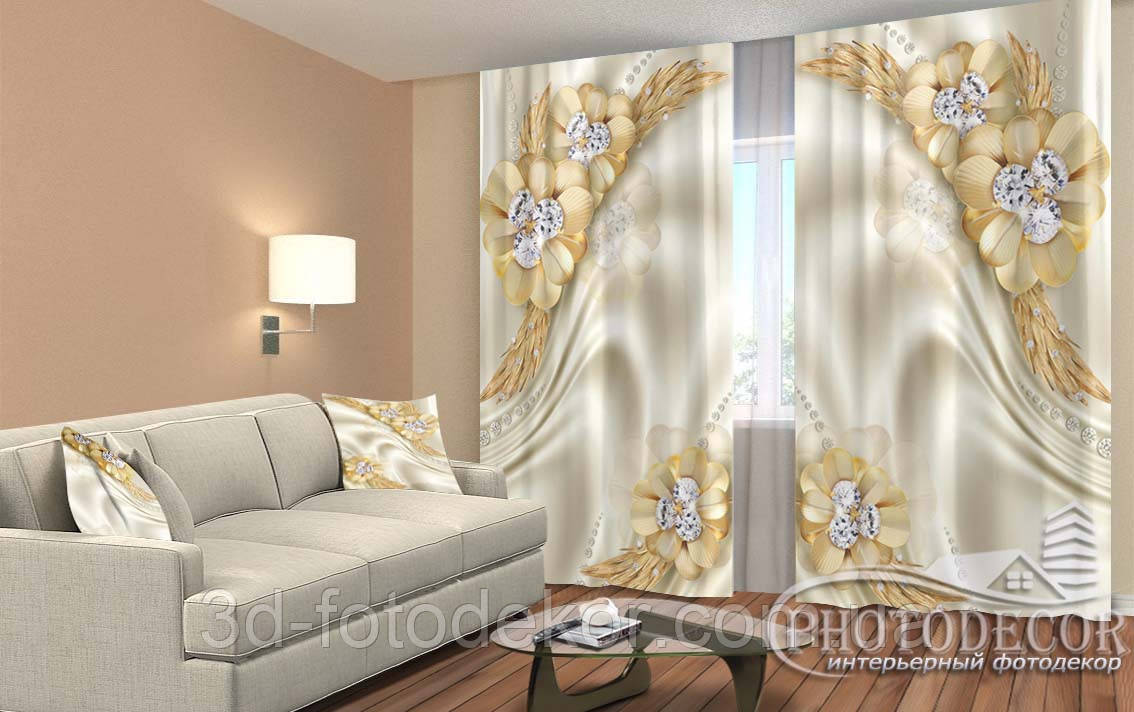 Фото Штори "Золоті квіти з камінням" 2,5м*2,6м (2 полотна по 1,30м), тасьма