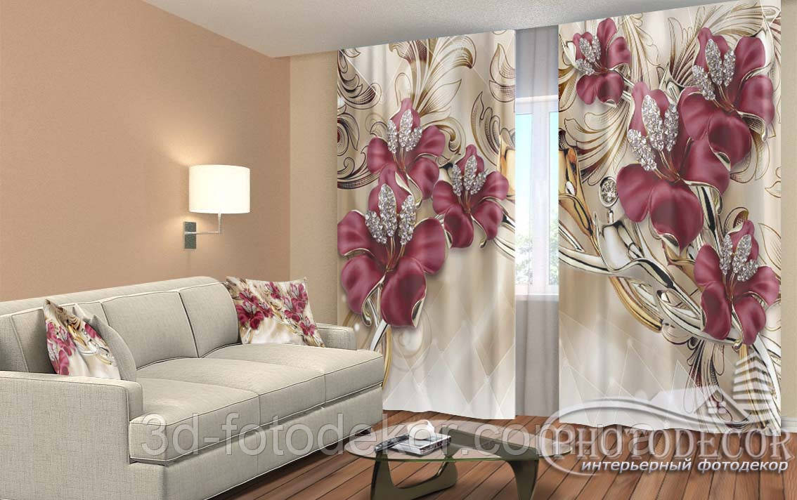 Фото Штори "Червоні квіти і стрази 2" 2,5м*2,6м (2 полотна по 1,30м), тасьма