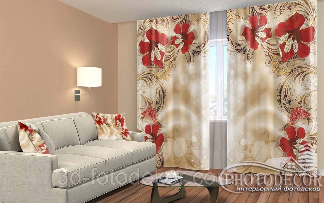 Фото Штори "Червоні квіти і стрази" 2,5м*2,9м (2 полотна по 1,45м), тасьма