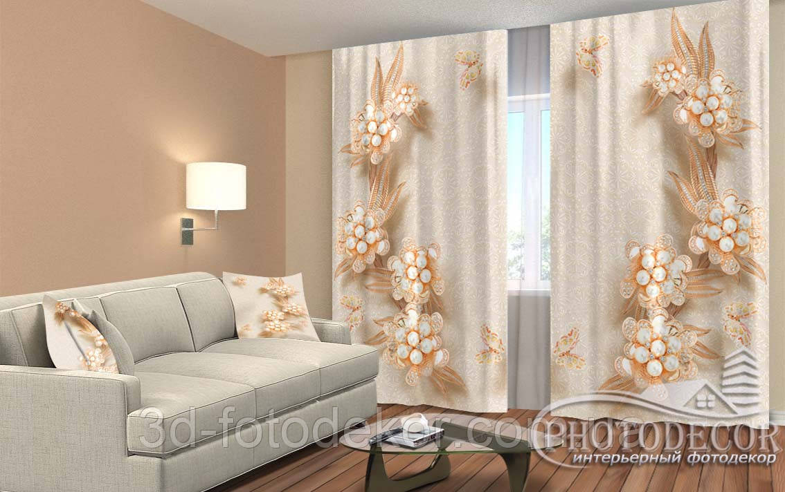 Фото Штори "Ніжні 3D Квіти з перлами і метеликами" 2,5м*2,9м (2 полотна по 1,45м), тасьма
