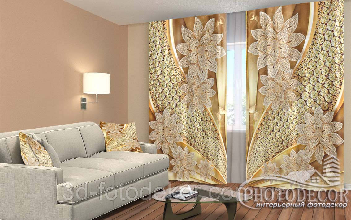 Фото Штори "Квіти з дорогоцінних каменів" 2,5м*2,9м (2 полотна по 1,45м), тасьма