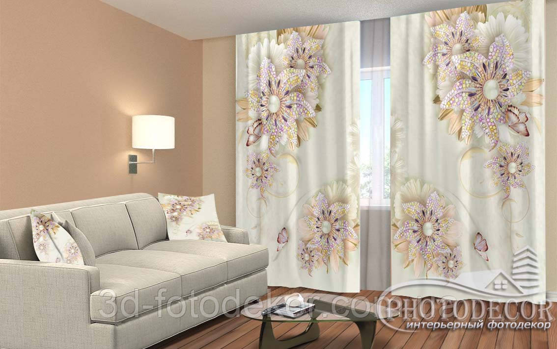 Фото Штори "Квіти з камінням і метеликами" 2,5м*2,9м (2 полотна по 1,45м), тасьма, фото 1