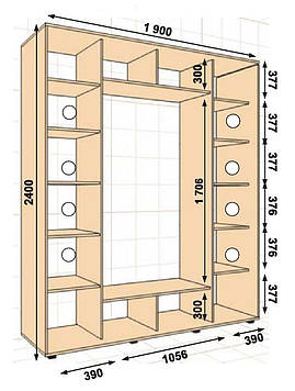 Шафа-купе 1900х450х2400, 3 двері (Алекса)