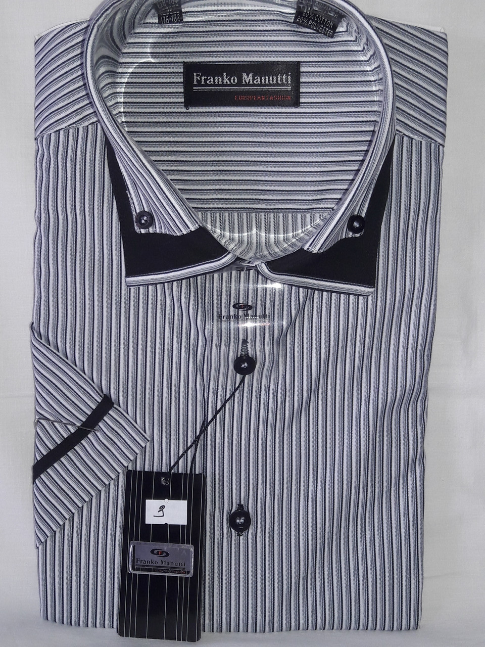 Сорочка чоловіча vk-0003 Franco Manuti сіра приталені комбінована в смужку з коротким рукавом