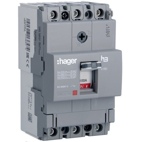 Автоматичний вимикач x160 100А 3п 18kA HDA100L Hager