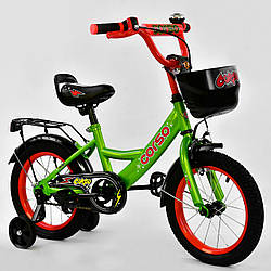 Двоколісний дитячий велосипед зелений з оранжевим ободом ручним гальмом дзвінком Corso 14" діткам 3-5 років