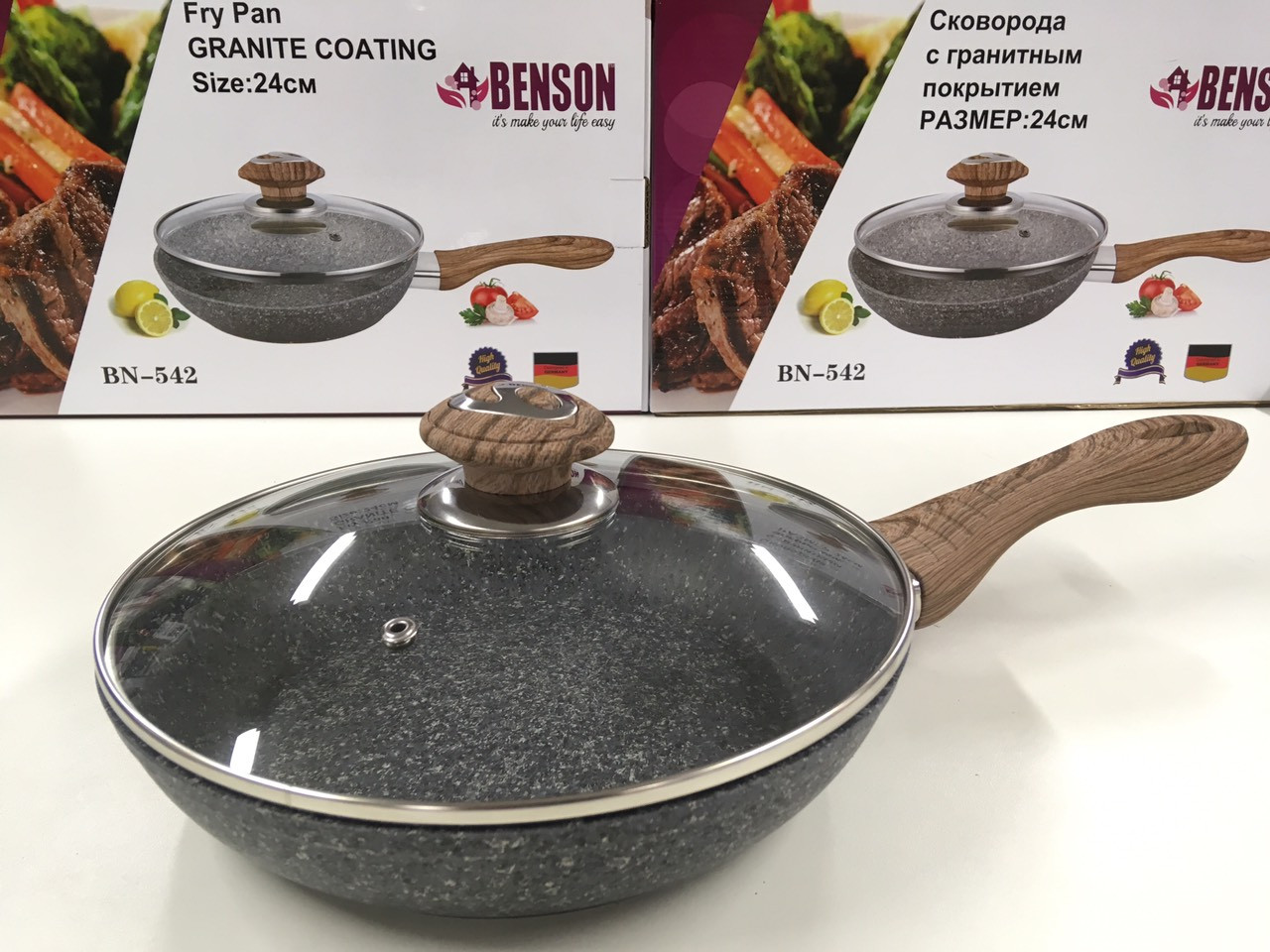 Сковорідка з кричкою 22 см гранітне покр. з червоним BENSON BN-541 (6 шт.), фото 1