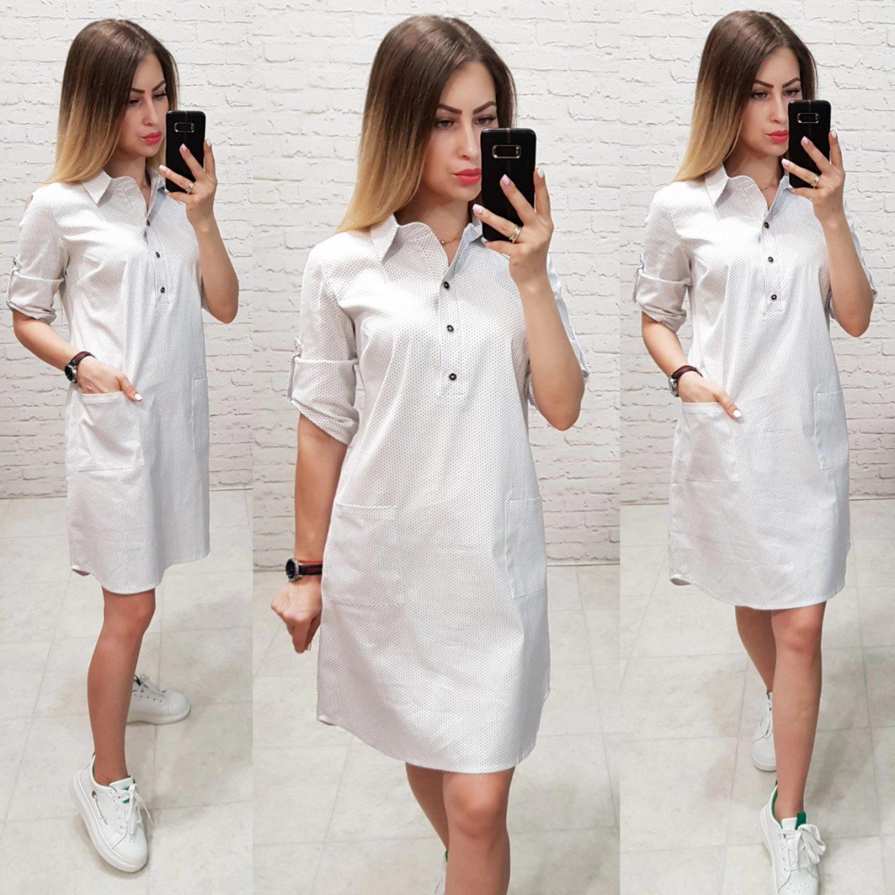 Платье-рубашка коттон арт. 831 цвет белый в горошек - фото 3 - id-p976578788