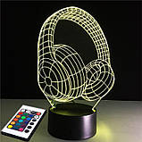 3D світильник з пультом і акумулятором 3D Lamp Навушники (LP-2619), фото 3