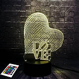 3D світильник з пультом і акумулятором 3D Lamp Серце Love (LP-2816), фото 5