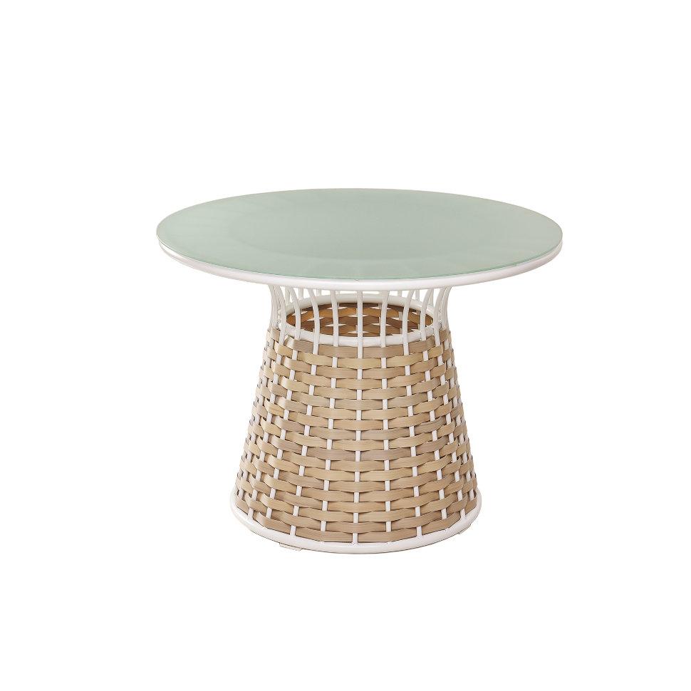 Стол обеденый Тин каркас белый иск.ротанг L25, A01 Мокко столешница матовое стекло, Ø80х75 см (Pradex ТМ)