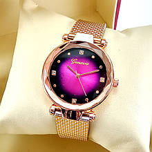 Ультрамодні жіночі кварцові наручні годинники Geneva Diamond на силіконом ремінці, бузковий циферблат, золото