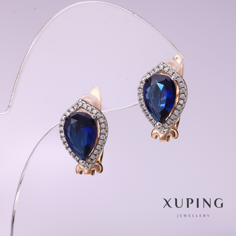 Сережки Xuping з синіми каменями 10х14мм позолота 18к