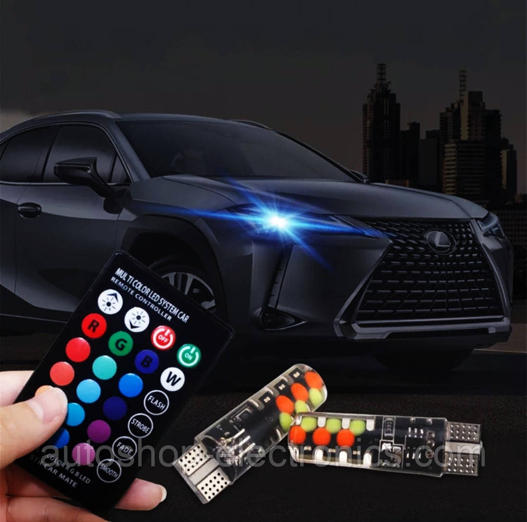 Світлодіодні автомобільні лампи габаритів RGB LED T10 W5W + пульт / Кольорові ходові вогні