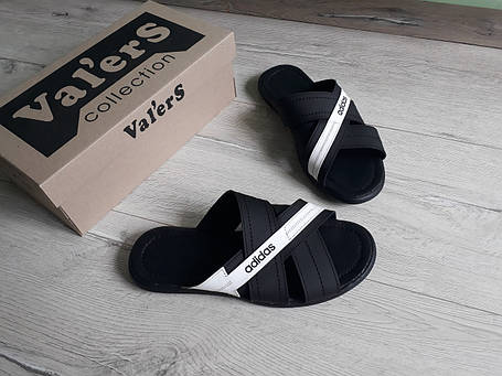 Чоловічі шкіряні шльопанці Adidas чорні білі (40-45) натуральна шкіра, фото 1