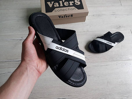 Чоловічі шкіряні шльопанці Adidas чорні білі (40-45) натуральна шкіра, фото 2
