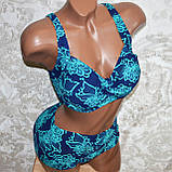 Великий 58. Яскравий жіночий купальник, темно-синій із бірюзовими квітами, для повних жінок, фото 3