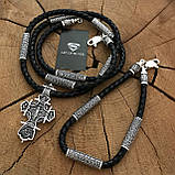 Набір Срібний шнурок із хрестом і вставками + браслет шкіра зі срібними 925 вставками, фото 3