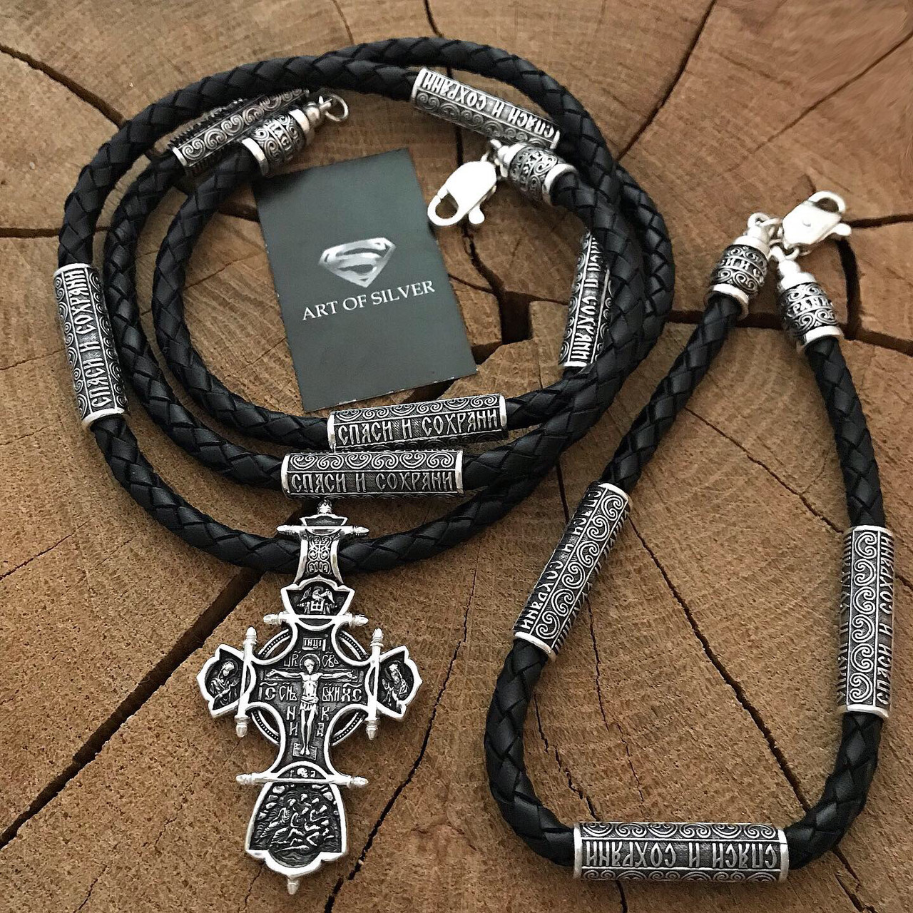 Набір Срібний шнурок із хрестом і вставками + браслет шкіра зі срібними 925 вставками, фото 1