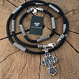 Набір Срібний шнурок із хрестом і вставками + браслет шкіра зі срібними 925 вставками, фото 2