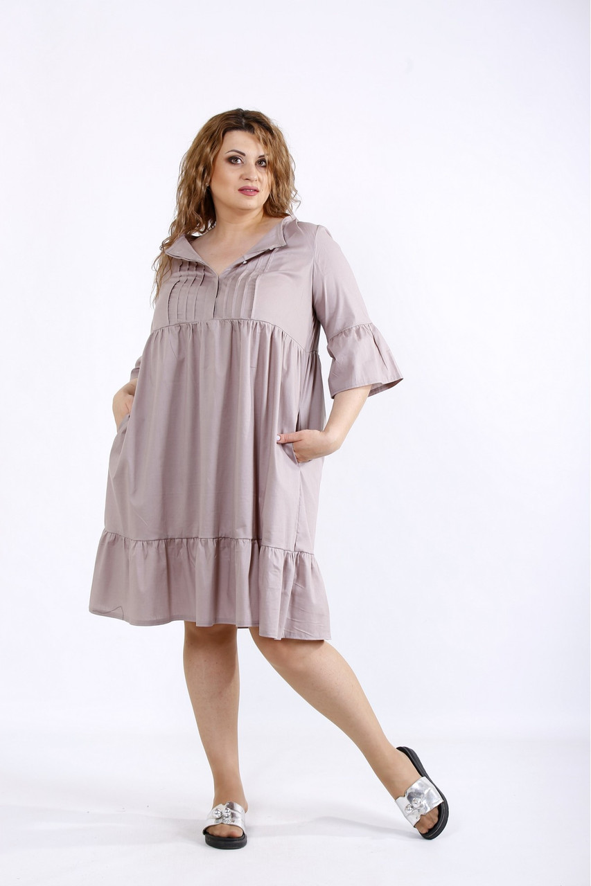 Бежева сукня жіноча літня котон до коліна великого розміру 42-74. 01206-2
