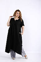 Льняной черный легкий комплект женский натуральный: туника и штаны большого размера 42-74. 01203-2