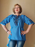 Вышиванка , женская , голубая , домотканное полотно , орнамент " Берегиня"