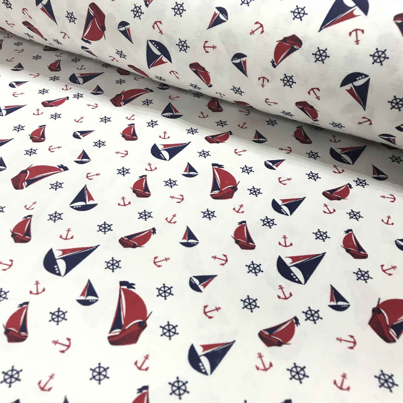 Тканина муслін Двошарова вітрильники червоно-сині на білому (шир. 1,6 м) (MS-FR-0172), фото 1