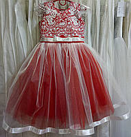 Шикарне червоне з білим ошатне дитяче плаття з мереживом і паєтками на 3-5 років